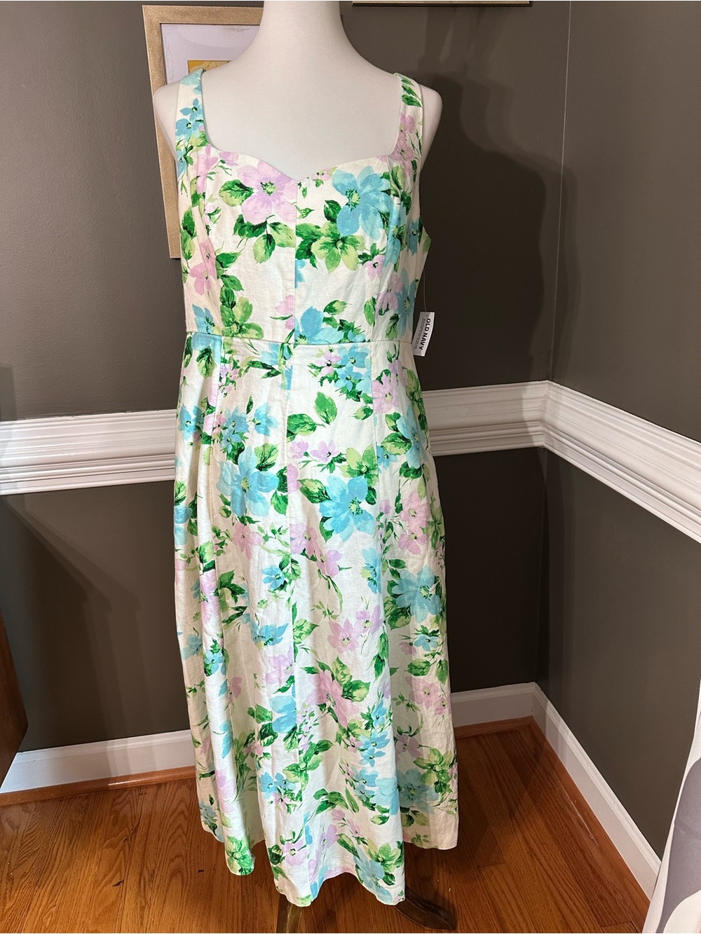 Brand New! Old Navy Pastel Floral Linen Blend Midi Dress in Blue, Pink & Green